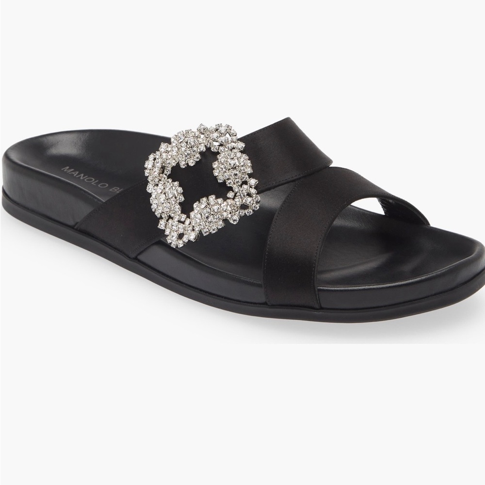 💯 Authentic Manolo Blahnik CHILANGIHI Crystal Buckle Slide Sandals,box,dust bags